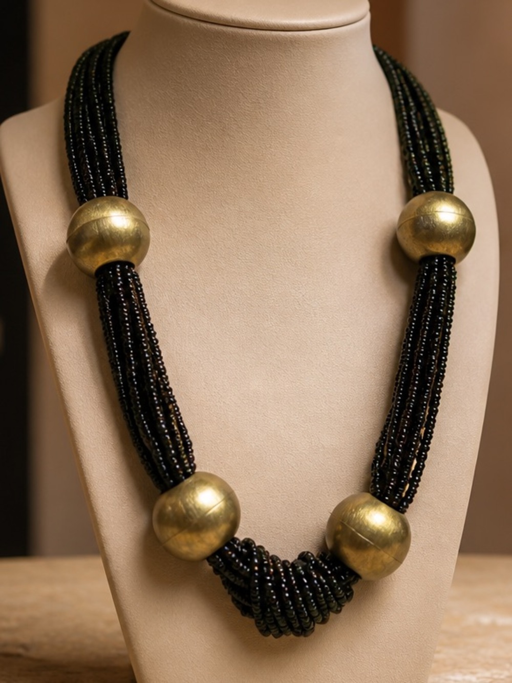 Vintage Black Beaded Necklace with Antique Gold Accents - Women Jewelry